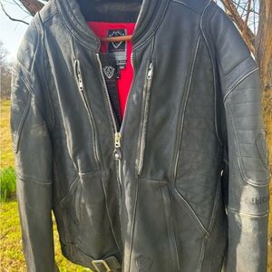 Vintage Arlen Ness Black Men’s Leather Jacket with Red Lining
